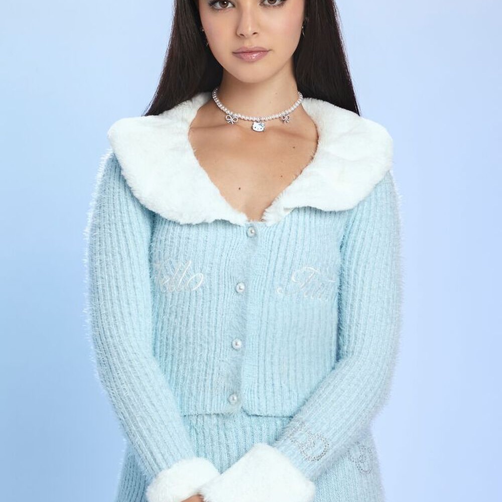 Forever 21 x Hello Kitty Faux Fur Cardigan Sweater & Flare Pants
